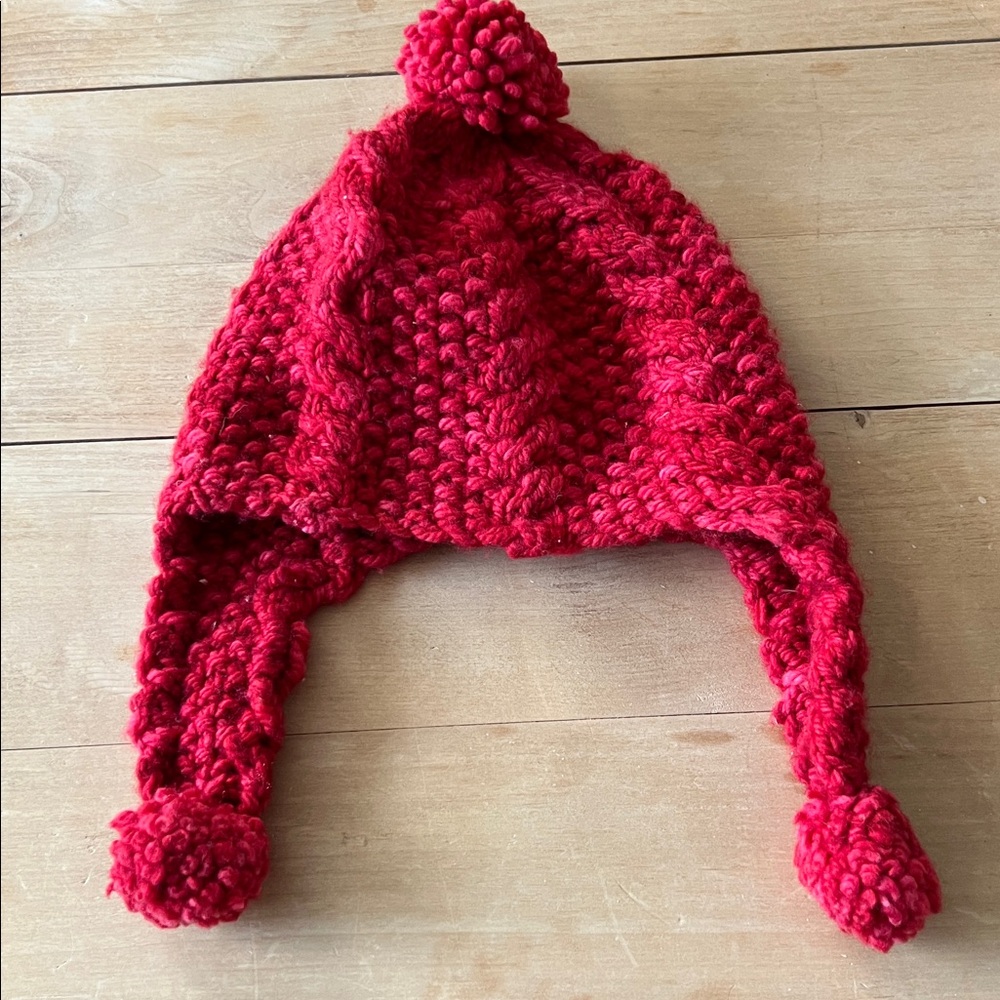 Cozy Red Handmade Crocheted Knit Hat with Pom-Pom